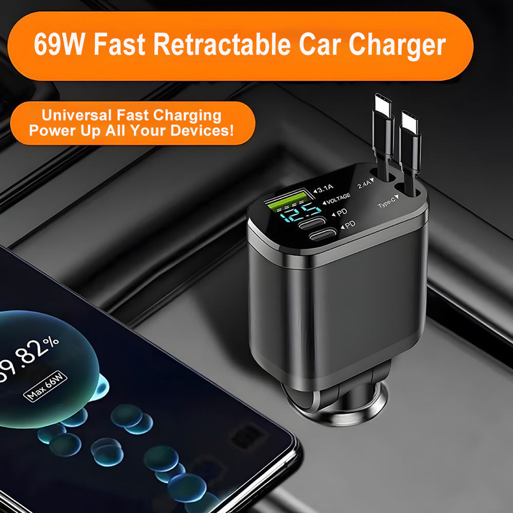 Chargeur Voiture 120W Rétractable 5-en-1 – Charge Rapide PD | USB-C & Lightning Intégrés