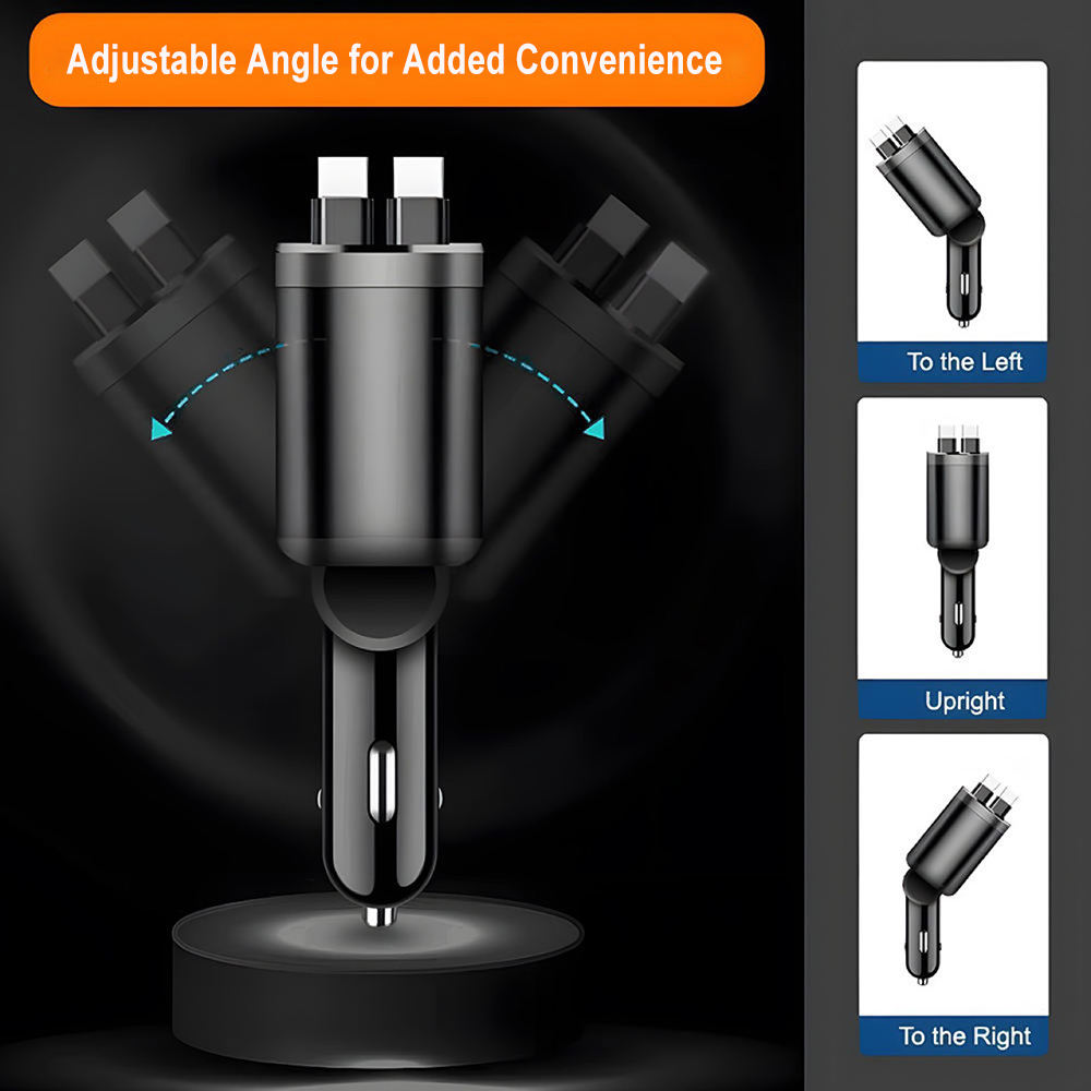 Chargeur Voiture 120W Rétractable 5-en-1 – Charge Rapide PD | USB-C & Lightning Intégrés