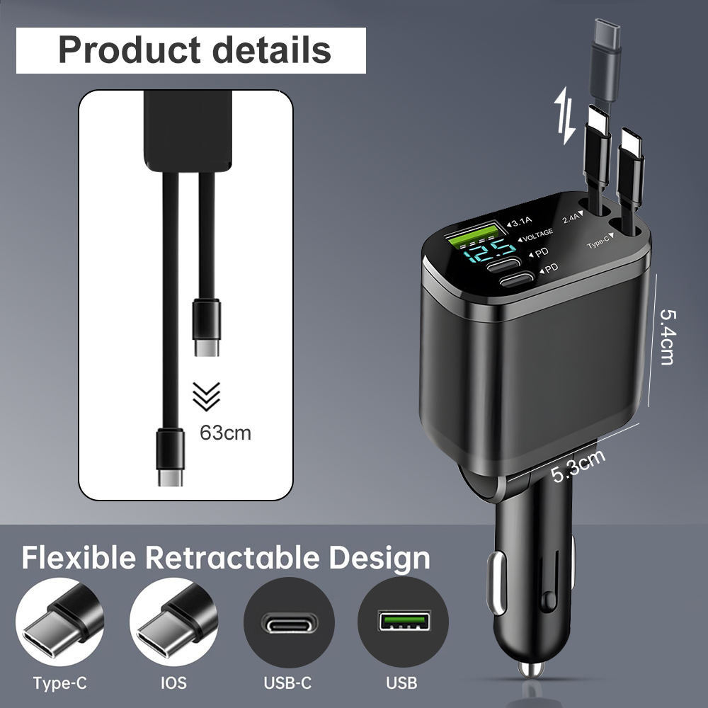 Chargeur Voiture 120W Rétractable 5-en-1 – Charge Rapide PD | USB-C & Lightning Intégrés