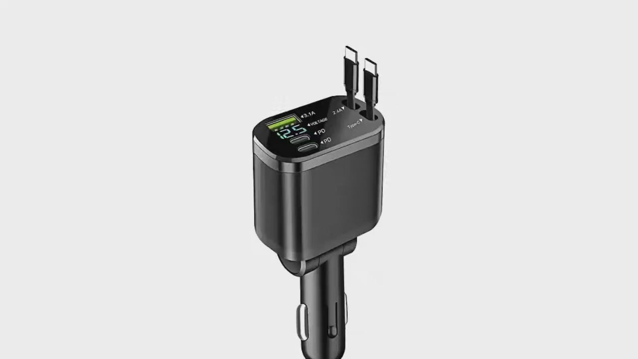 Chargeur Voiture 120W Rétractable 5-en-1 – Charge Rapide PD | USB-C & Lightning Intégrés